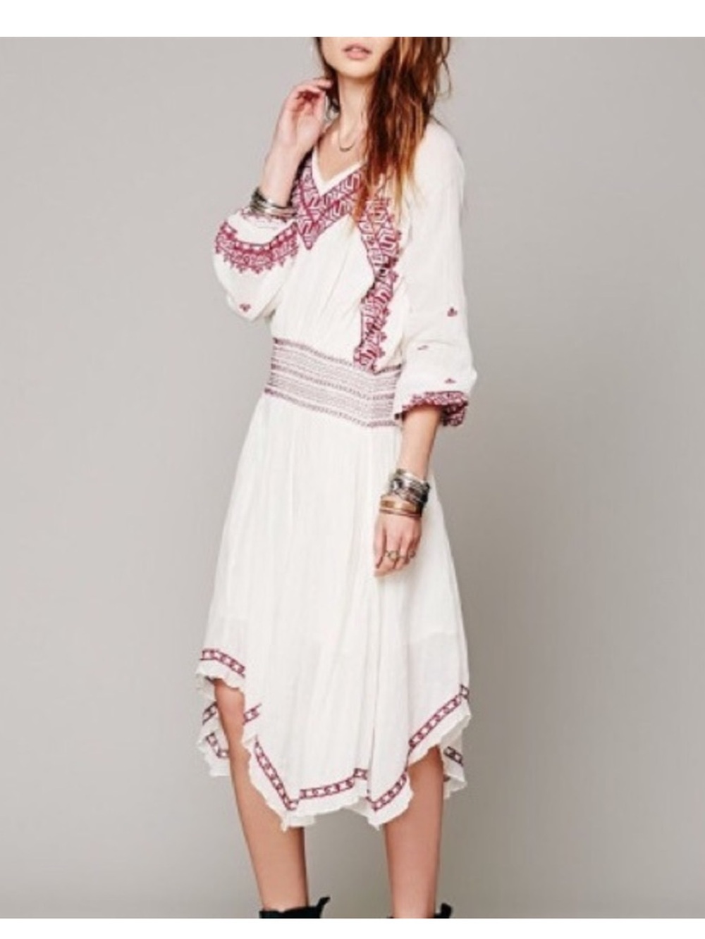 Free People Neo Folk Embroidered White Dress with Embroidered Accents